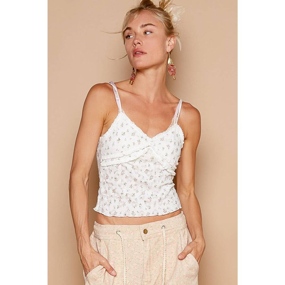 POL White Floral Smocked Camisole Top